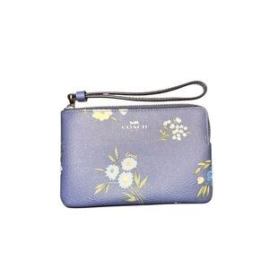 Coach light blue/ periwinkle tossed daisy zipped corner wristlet coated canvas
